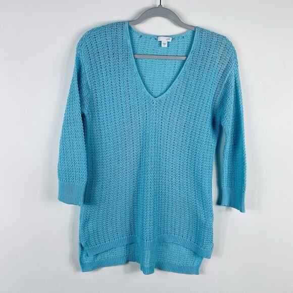 J. Jill Size Small Open Knit 3/4 Sleeve V-Neck Sweater Blue Cotton Blend - Picture 1 of 5